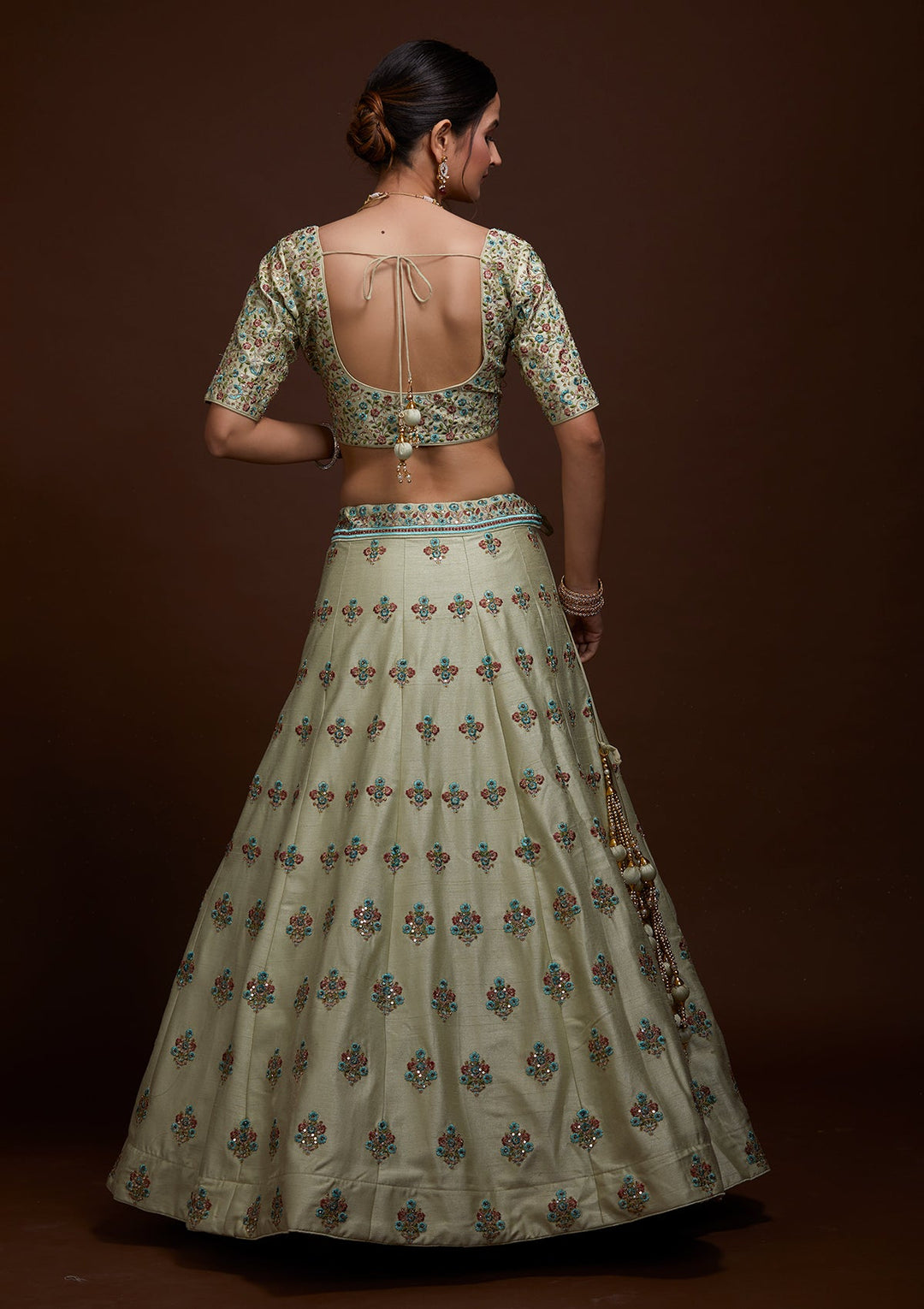 Pista Green Threadwork Raw Silk Lehenga-Koskii