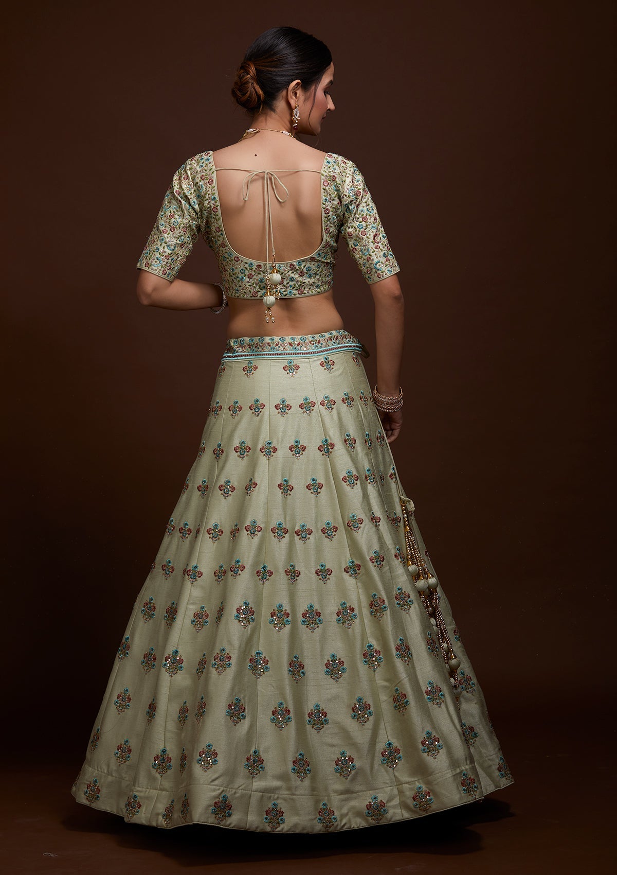 Pista Green Threadwork Raw Silk Lehenga-Koskii