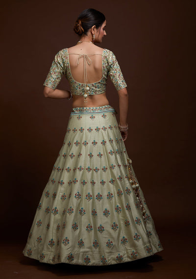 Pista Green Threadwork Raw Silk Lehenga-Koskii