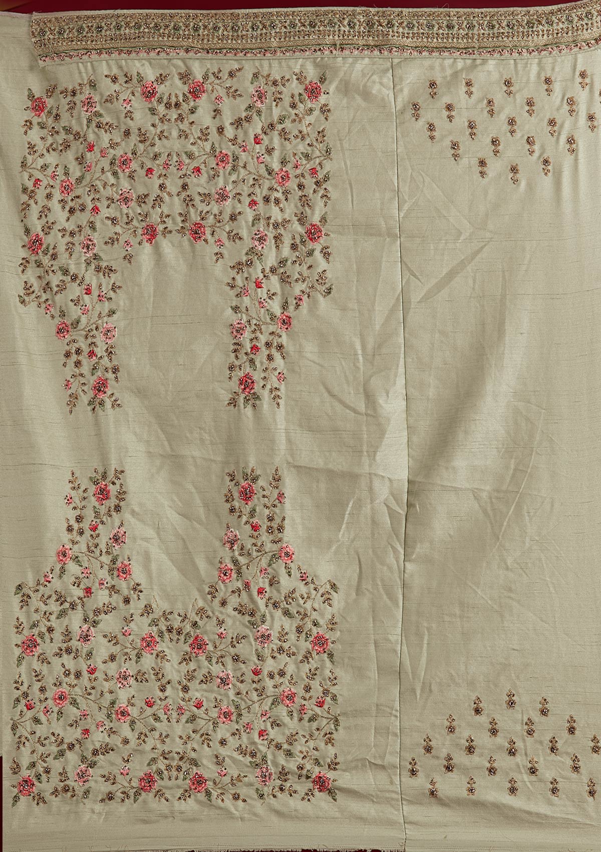 Pista Green Threadwork Raw Silk Designer Semi-Stitched Lehenga - koskii