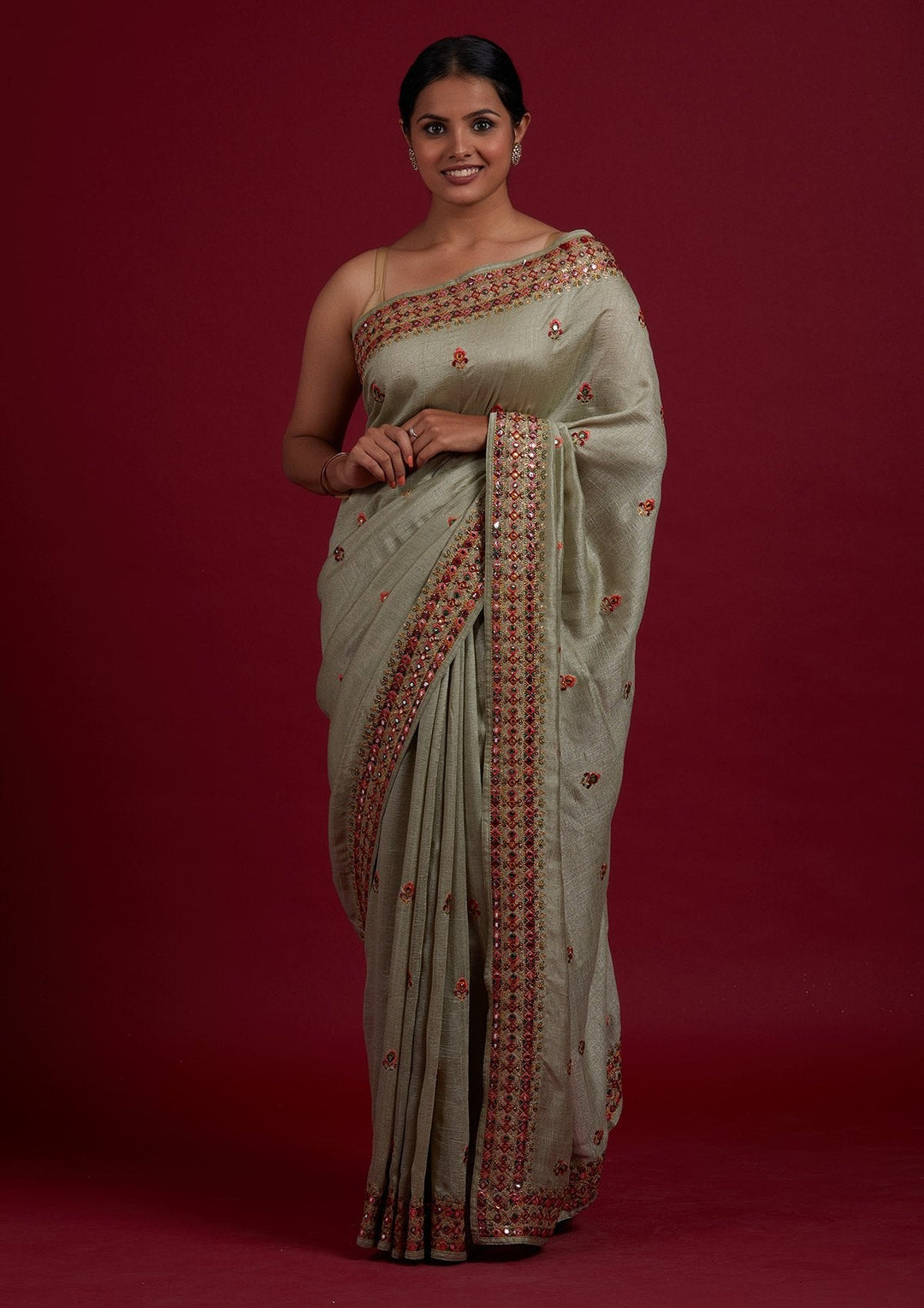 Pista Green Threadwork Raw Silk Designer Saree - Koskii