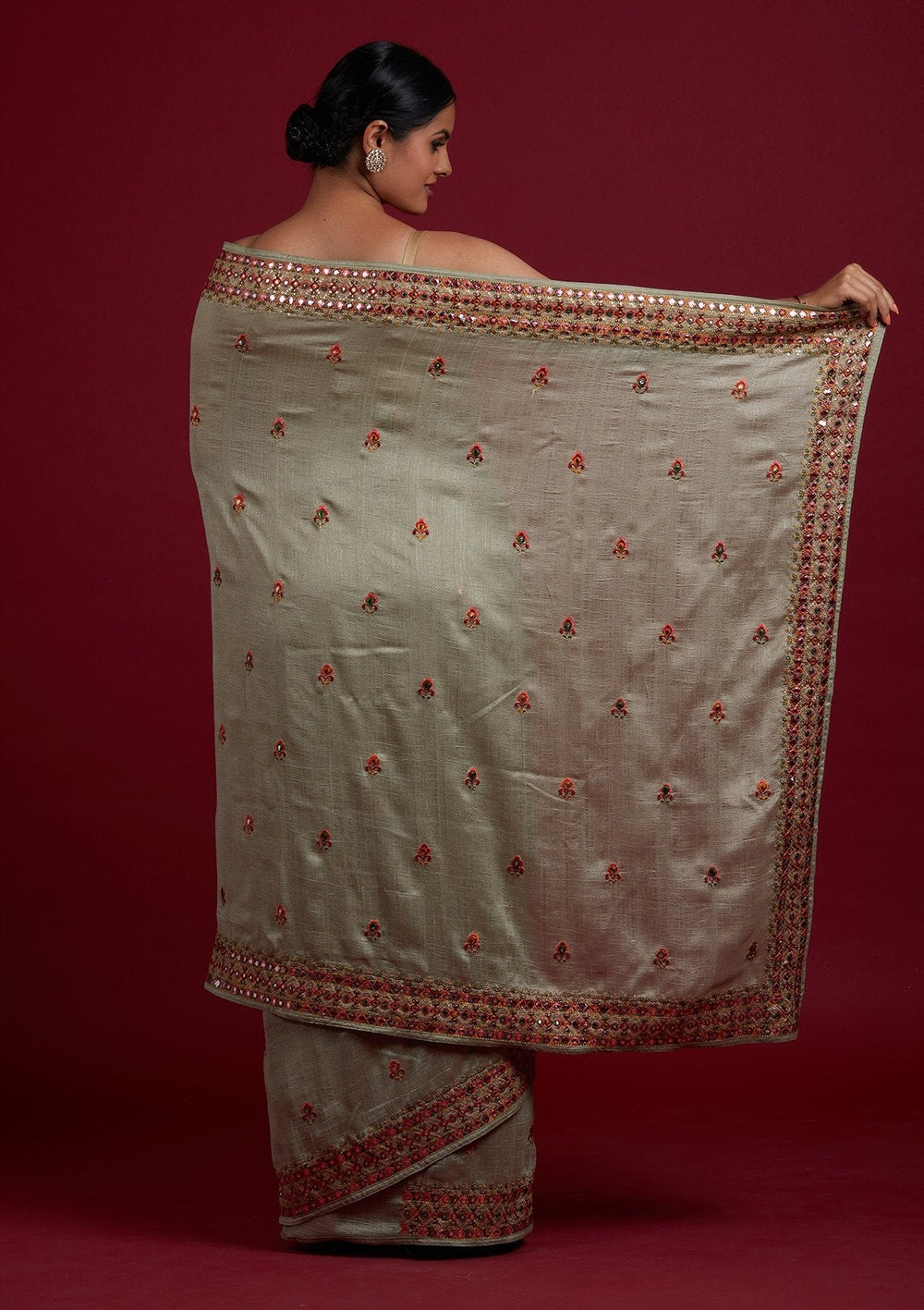 Pista Green Threadwork Raw Silk Designer Saree - Koskii