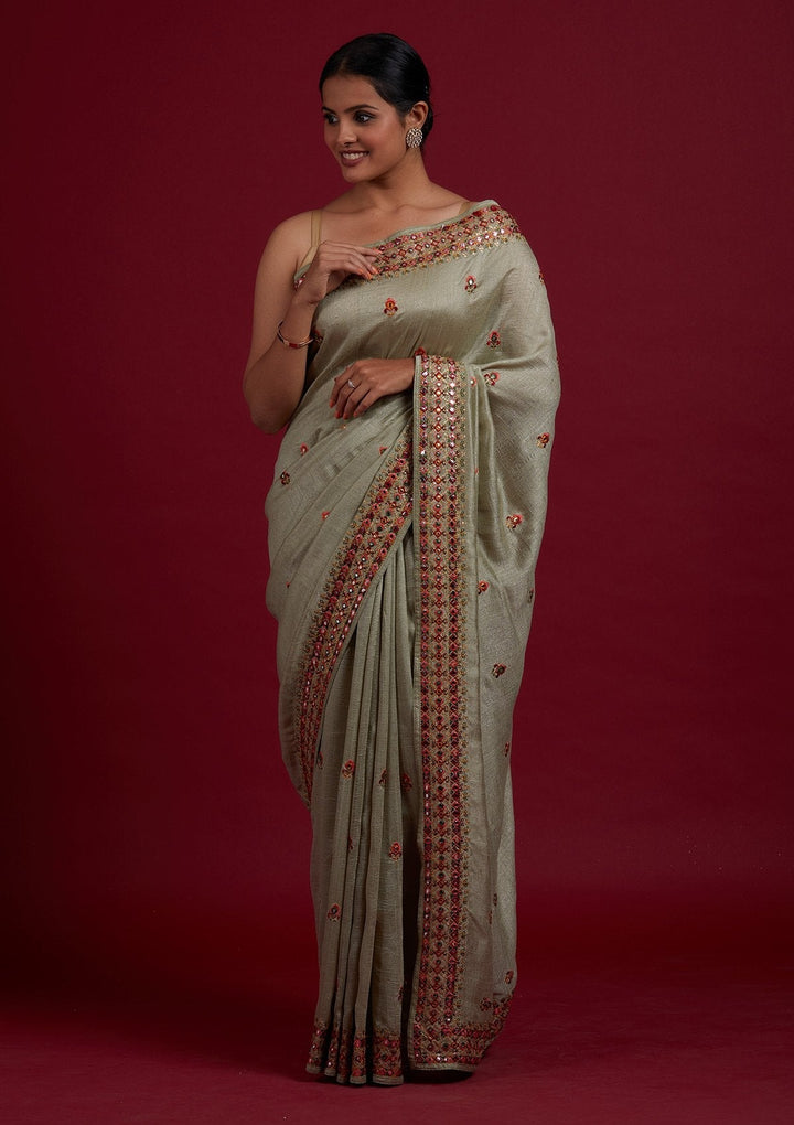 Pista Green Threadwork Raw Silk Designer Saree - Koskii