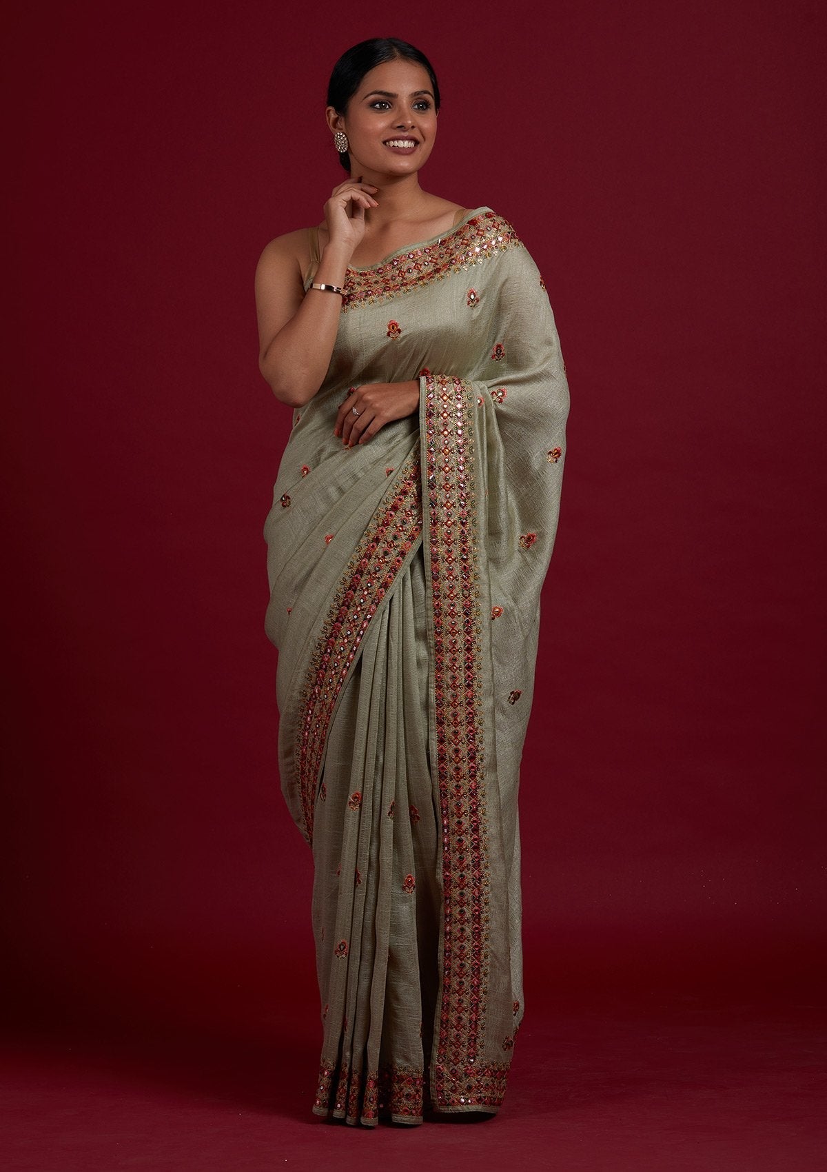 Pista Green Threadwork Raw Silk Designer Saree - Koskii