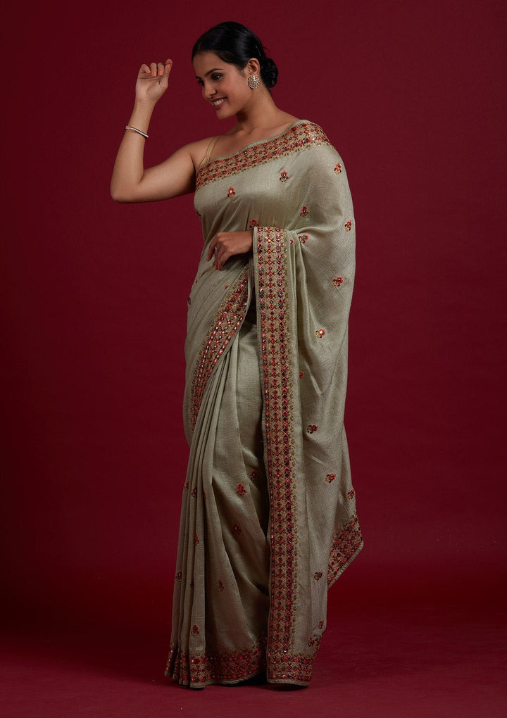 Pista Green Threadwork Raw Silk Designer Saree - Koskii