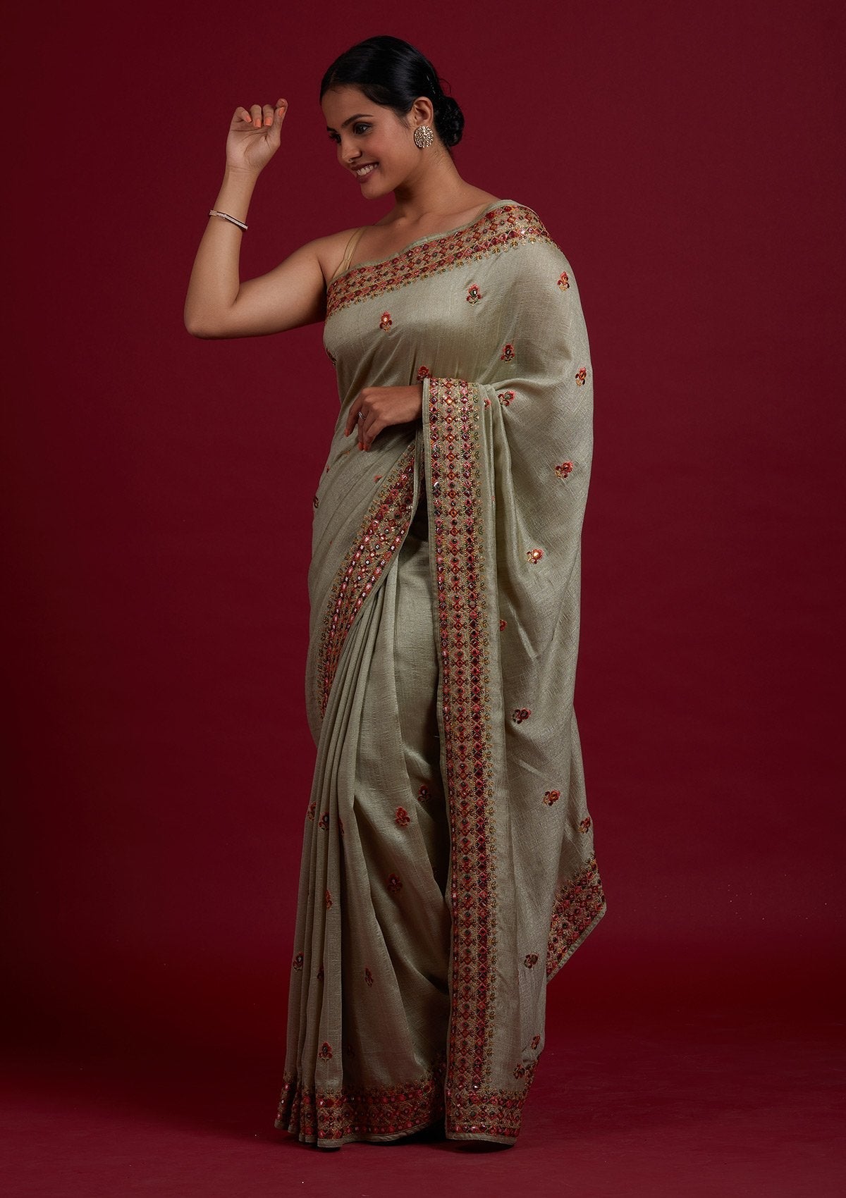 Pista Green Threadwork Raw Silk Designer Saree - Koskii