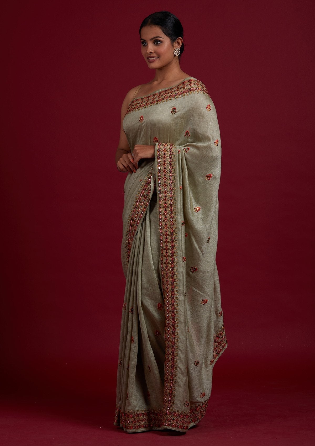 Pista Green Threadwork Raw Silk Designer Saree - Koskii