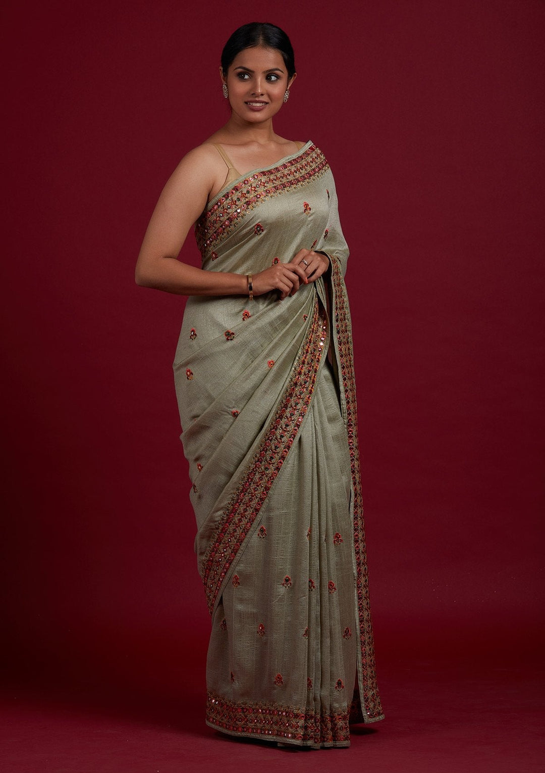 Pista Green Threadwork Raw Silk Designer Saree - Koskii