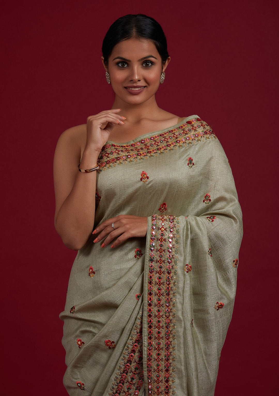 Pista Green Threadwork Raw Silk Designer Saree - Koskii