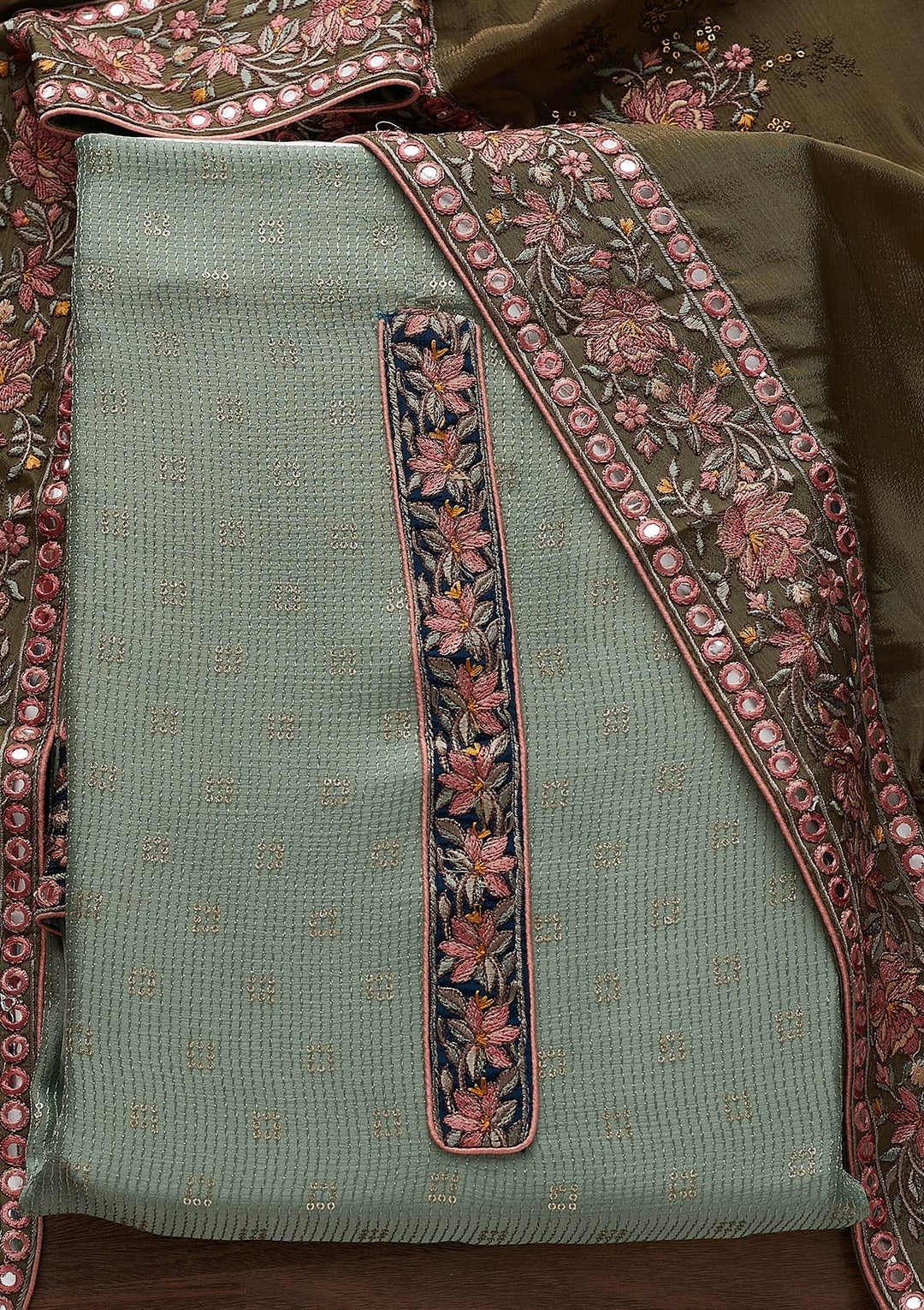 Pista Green Threadwork Semi Crepe Semi-Stitched Salwar Suit - Koskii