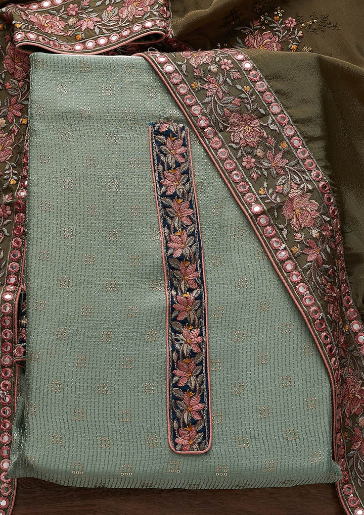 Pista Green Threadwork Semi Crepe Semi-Stitched Salwar Suit - Koskii