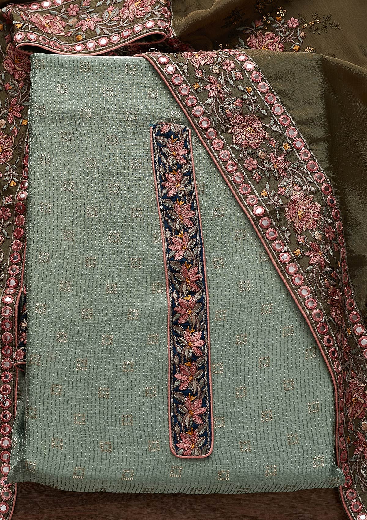 Pista Green Threadwork Semi Crepe Semi-Stitched Salwar Suit - Koskii