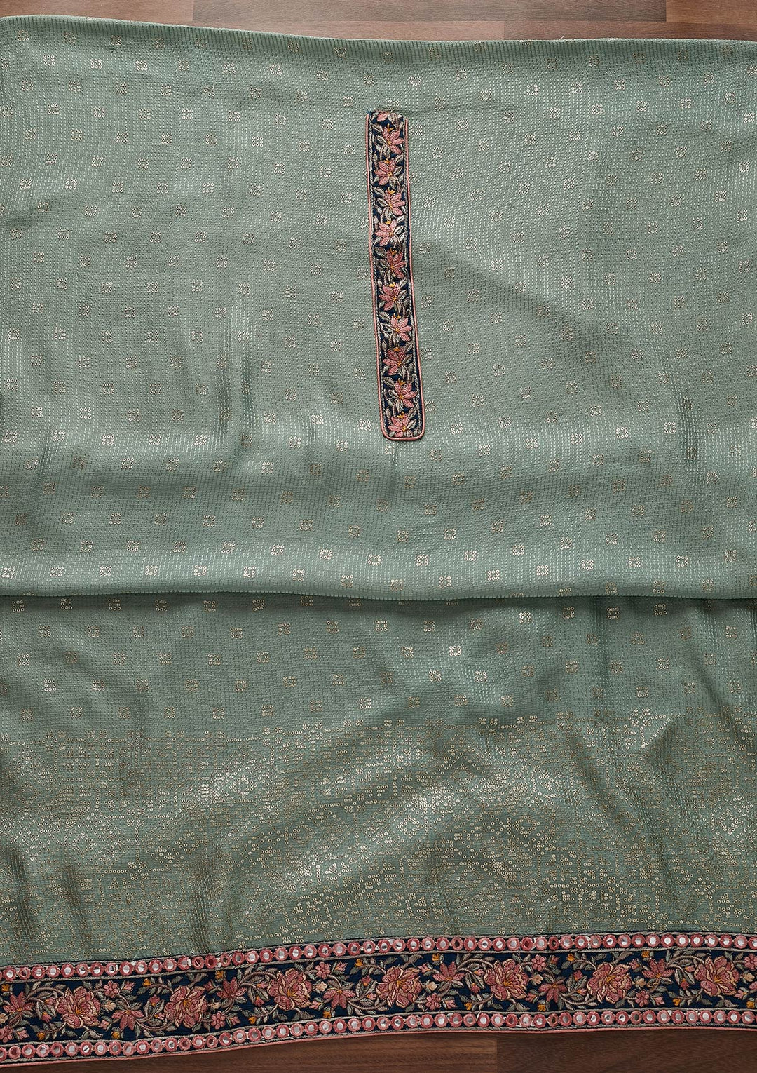 Pista Green Threadwork Semi Crepe Semi-Stitched Salwar Suit - Koskii