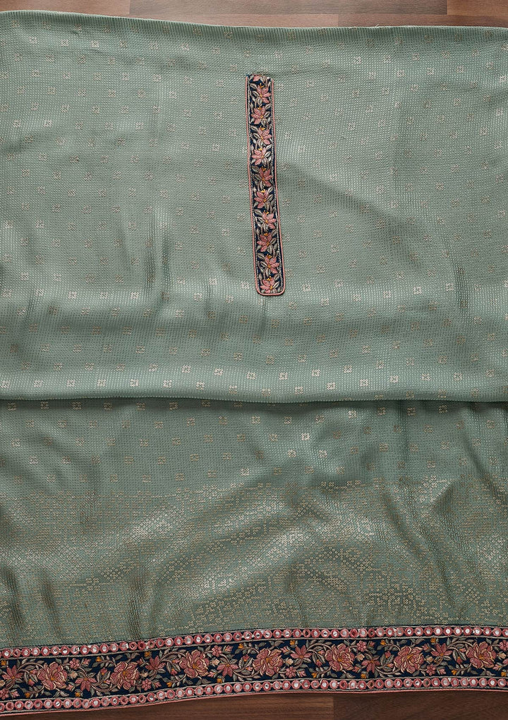 Pista Green Threadwork Semi Crepe Semi-Stitched Salwar Suit - Koskii