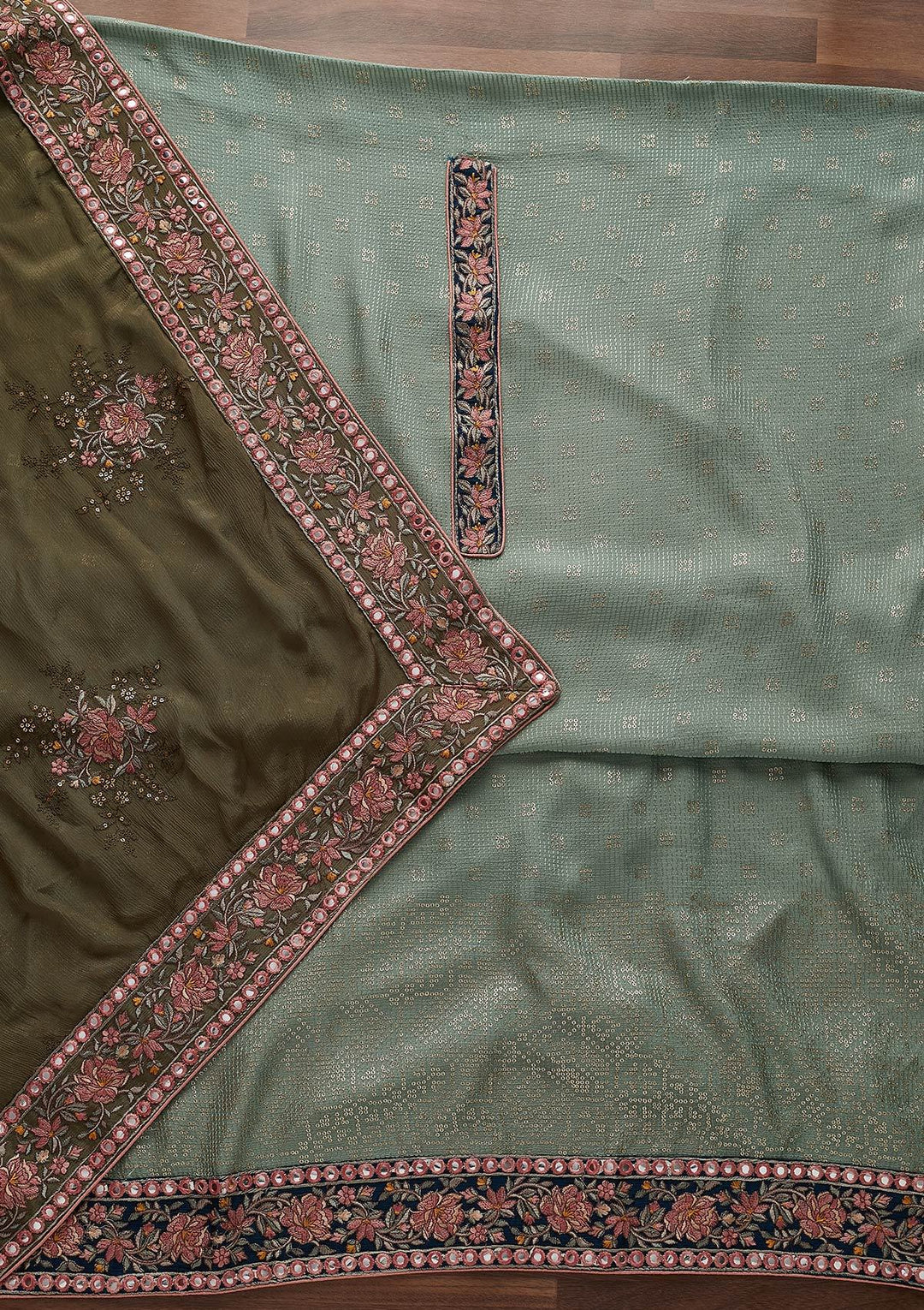 Pista Green Threadwork Semi Crepe Semi-Stitched Salwar Suit - Koskii