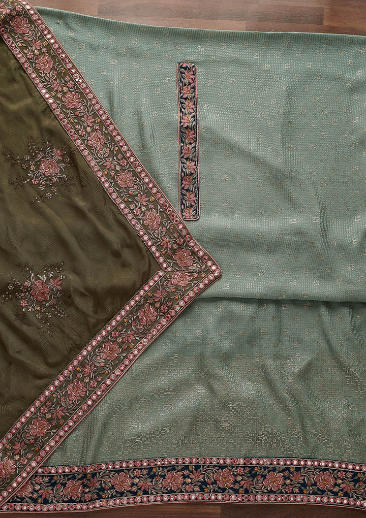 Pista Green Threadwork Semi Crepe Semi-Stitched Salwar Suit - Koskii