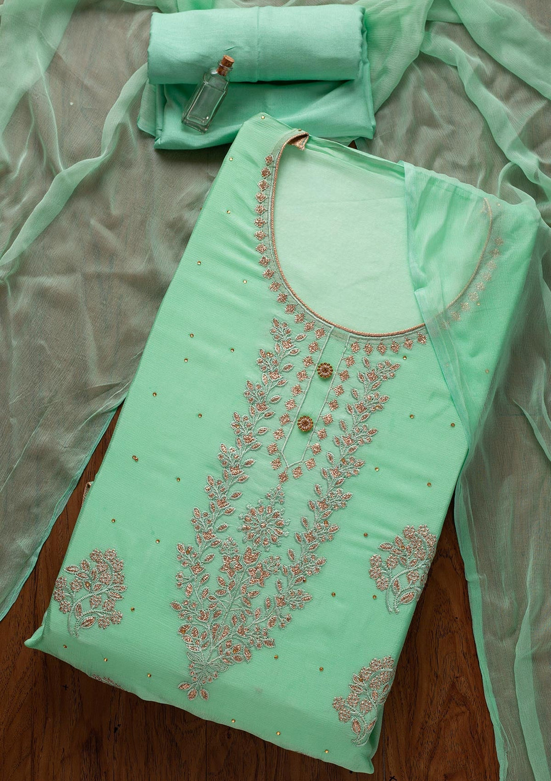 Pista Green Threadwork Semi Crepe Designer Unstitched Salwar Suit - koskii