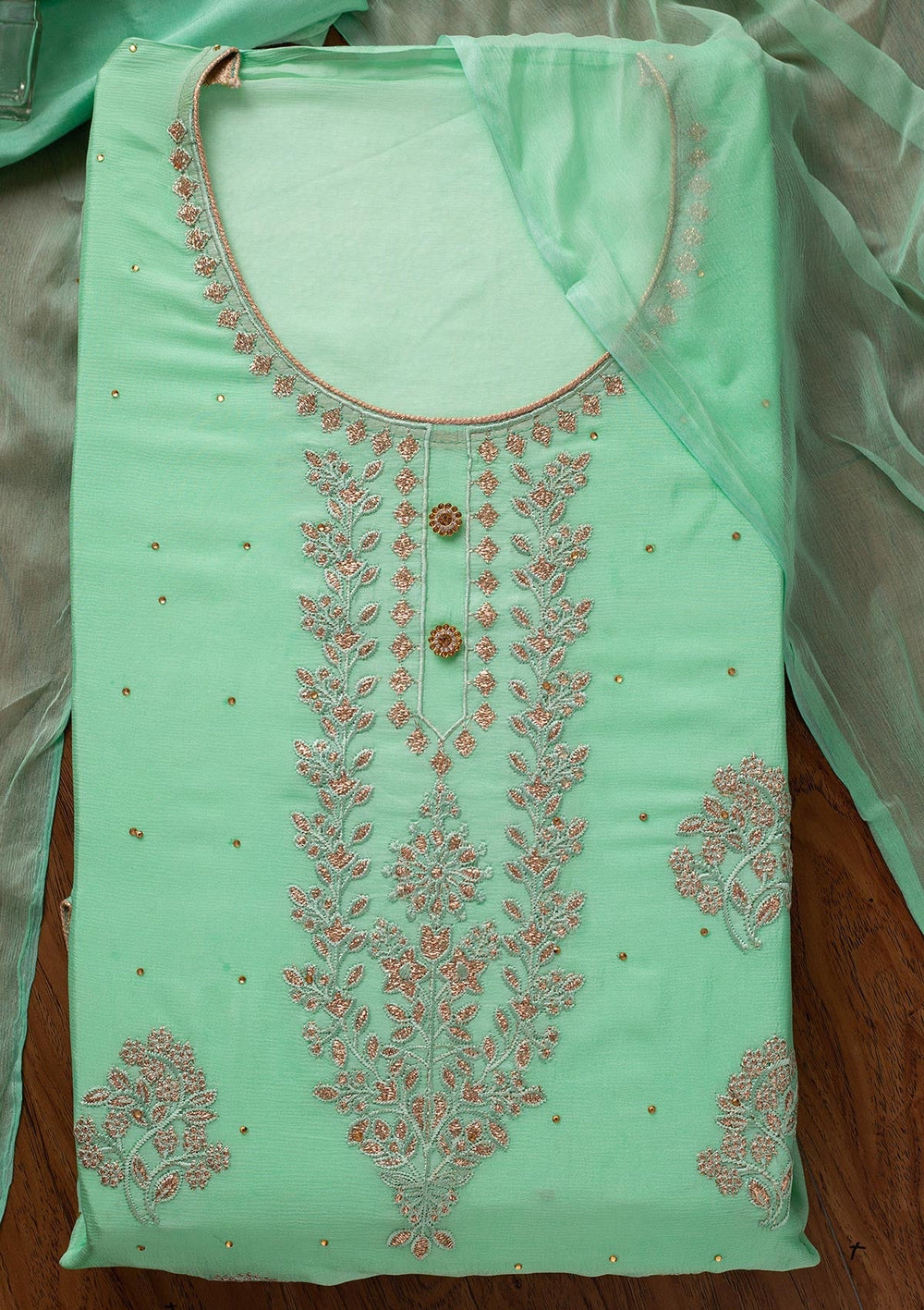 Pista Green Threadwork Semi Crepe Designer Unstitched Salwar Suit - koskii