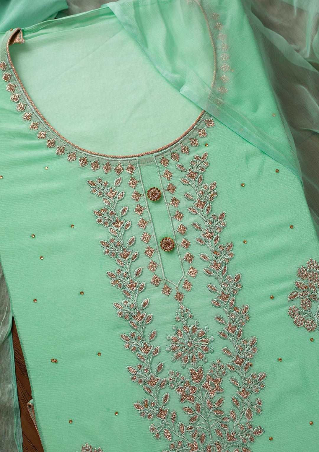 Pista Green Threadwork Semi Crepe Designer Unstitched Salwar Suit - koskii