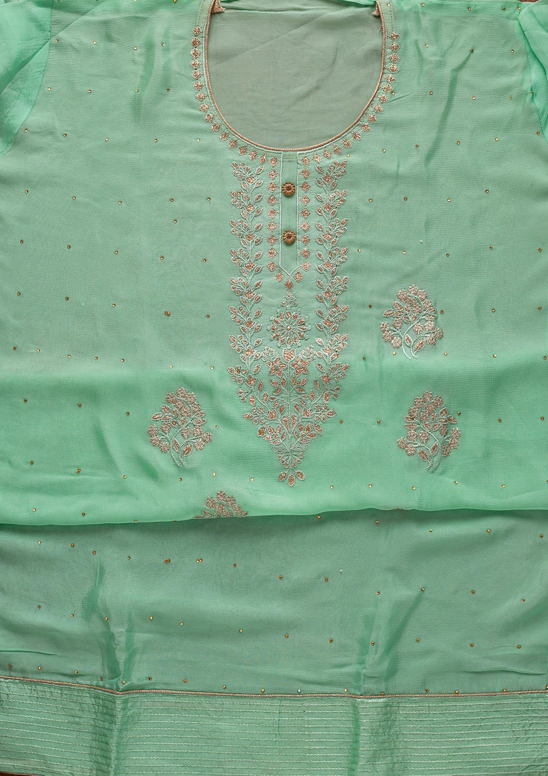 Pista Green Threadwork Semi Crepe Designer Unstitched Salwar Suit - koskii