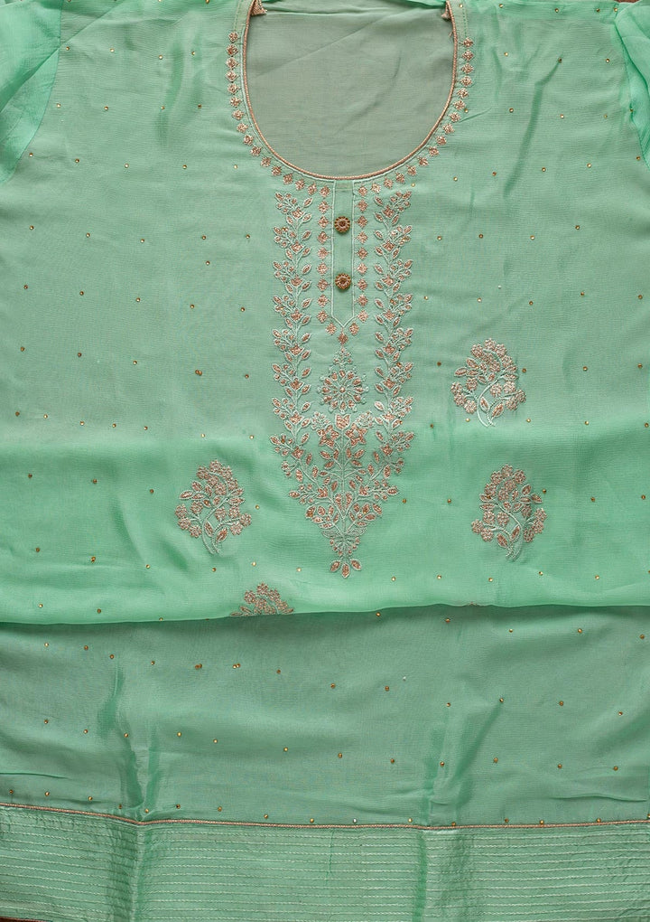 Pista Green Threadwork Semi Crepe Designer Unstitched Salwar Suit - koskii