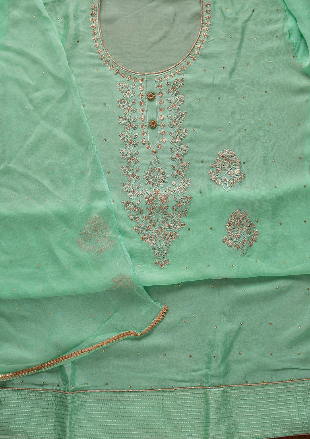 Pista Green Threadwork Semi Crepe Designer Unstitched Salwar Suit - koskii