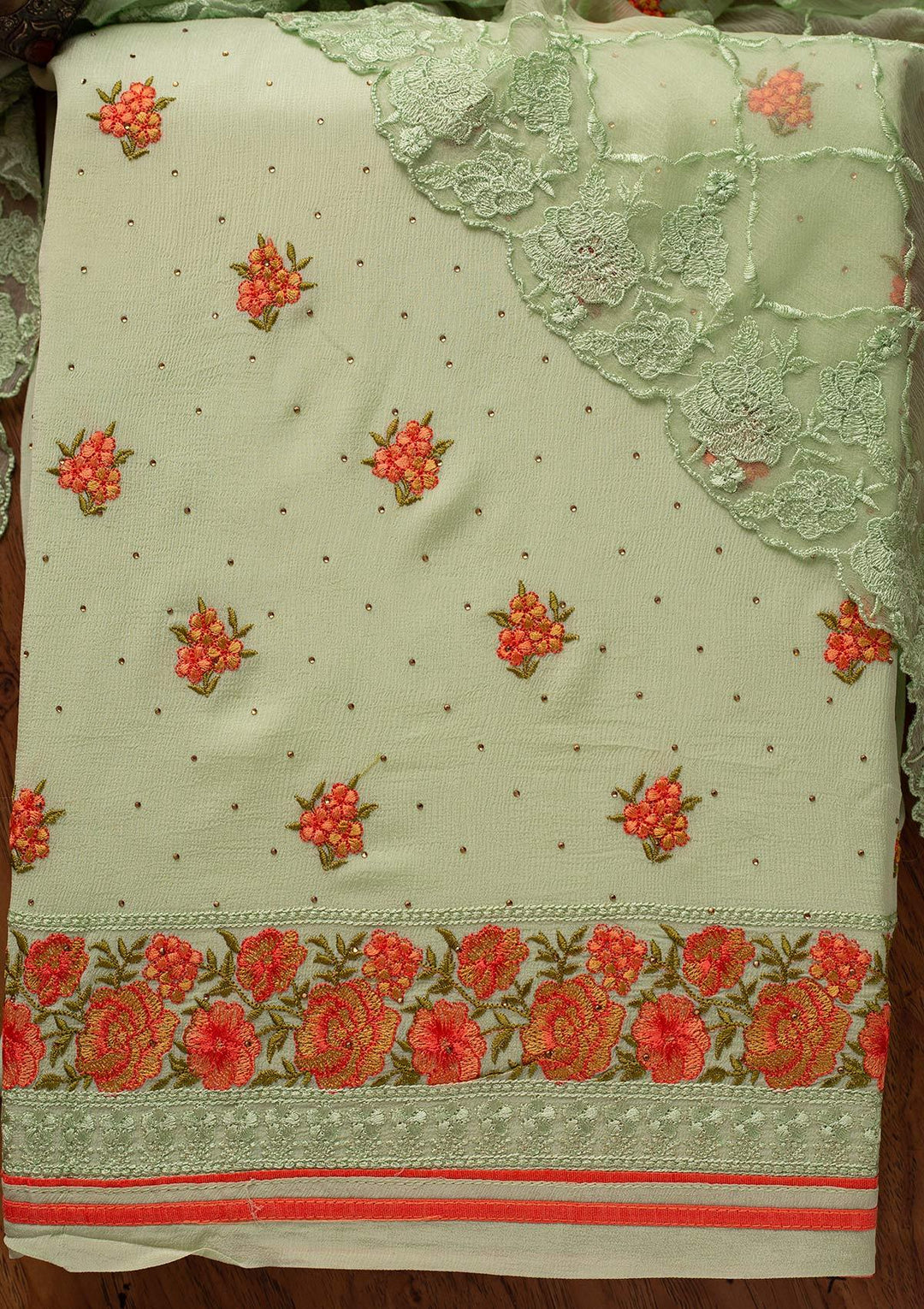 Pista Green Threadwork Semi Crepe Designer Unstitched Salwar Suit - koskii