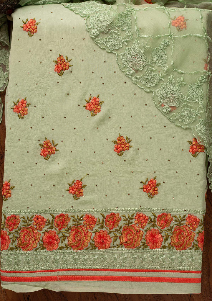 Pista Green Threadwork Semi Crepe Designer Unstitched Salwar Suit - koskii