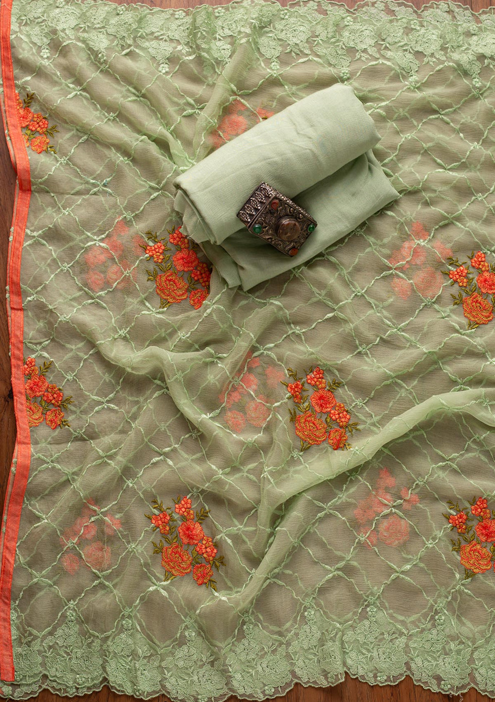 Pista Green Threadwork Semi Crepe Designer Unstitched Salwar Suit - koskii