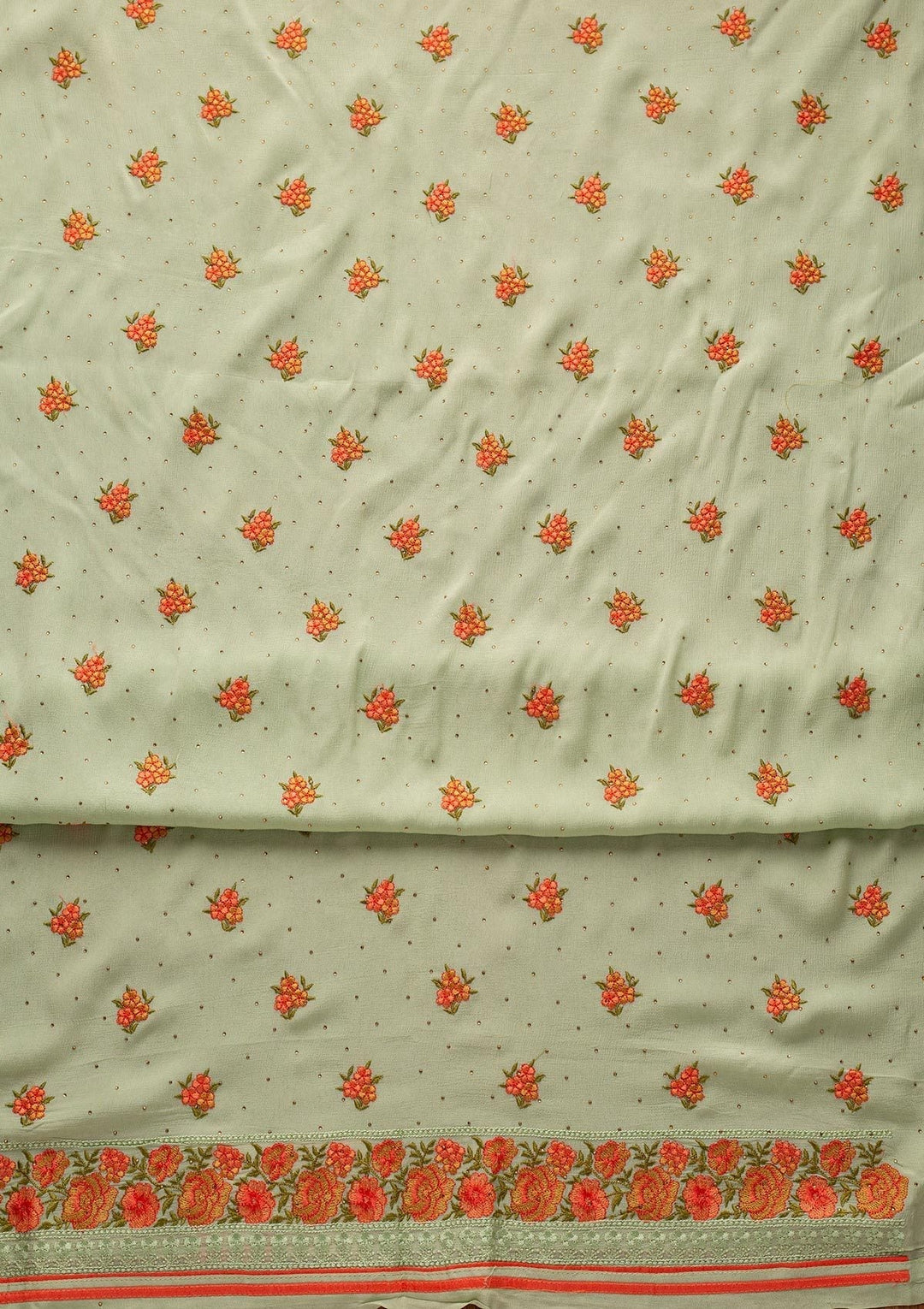 Pista Green Threadwork Semi Crepe Designer Unstitched Salwar Suit - koskii