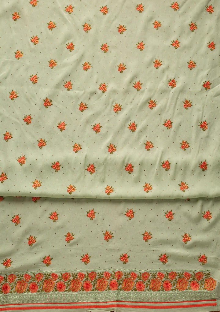 Pista Green Threadwork Semi Crepe Designer Unstitched Salwar Suit - koskii