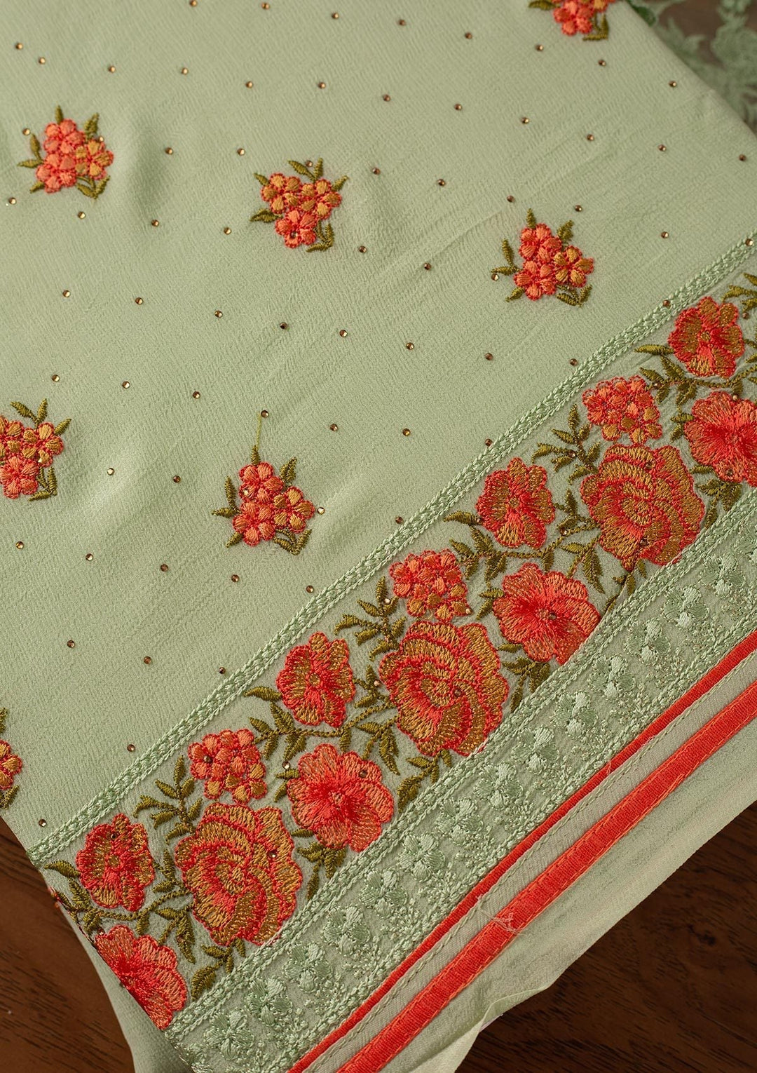 Pista Green Threadwork Semi Crepe Designer Unstitched Salwar Suit - koskii