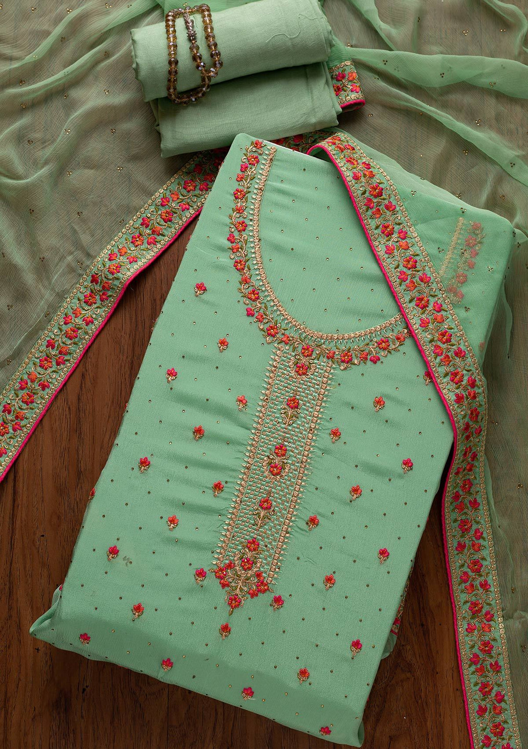 Pista Green Threadwork Semi Crepe Designer Unstitched Salwar Suit - koskii