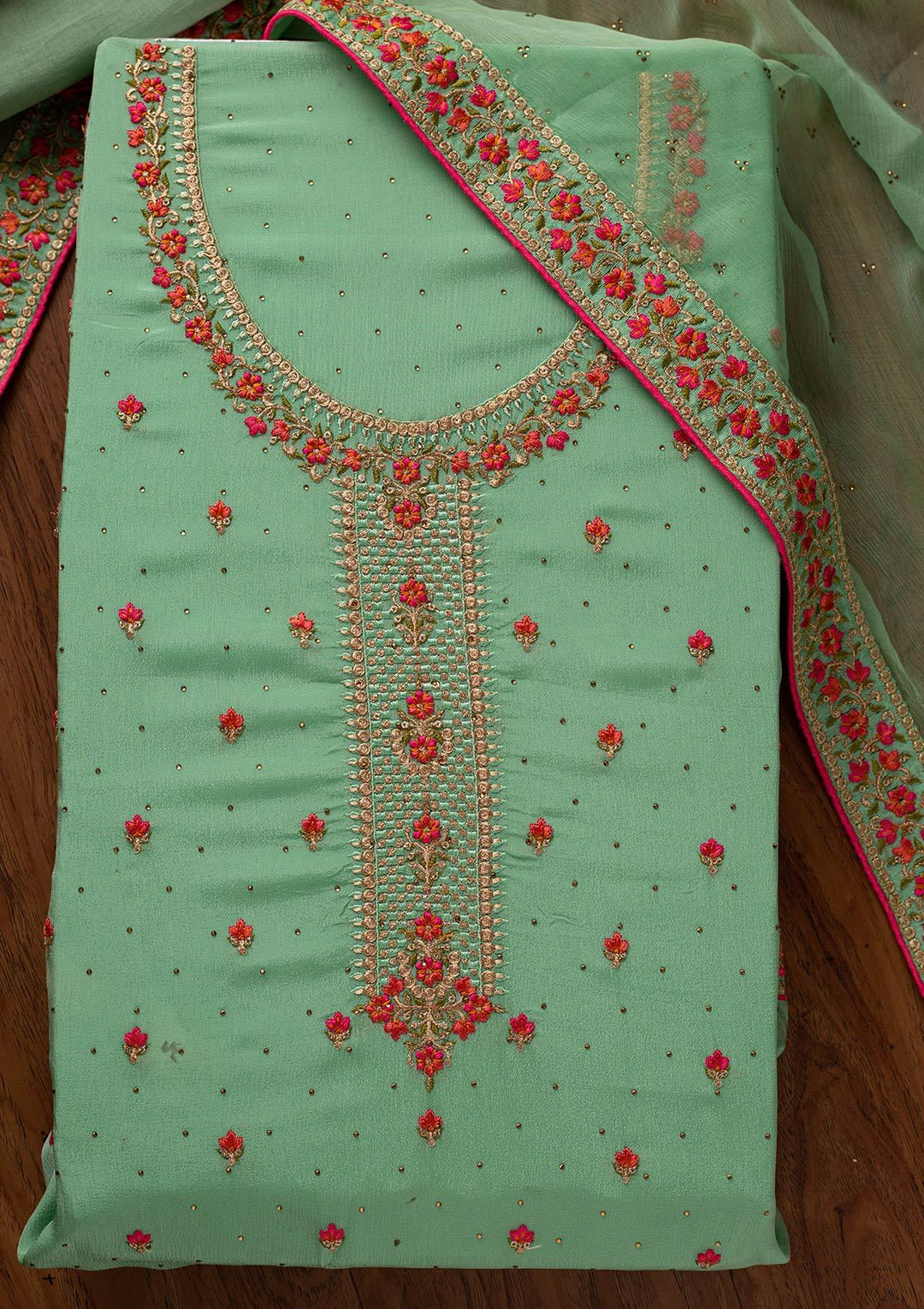 Pista Green Threadwork Semi Crepe Designer Unstitched Salwar Suit - koskii