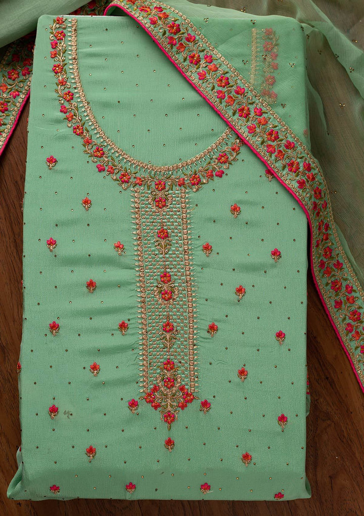 Pista Green Threadwork Semi Crepe Designer Unstitched Salwar Suit - koskii