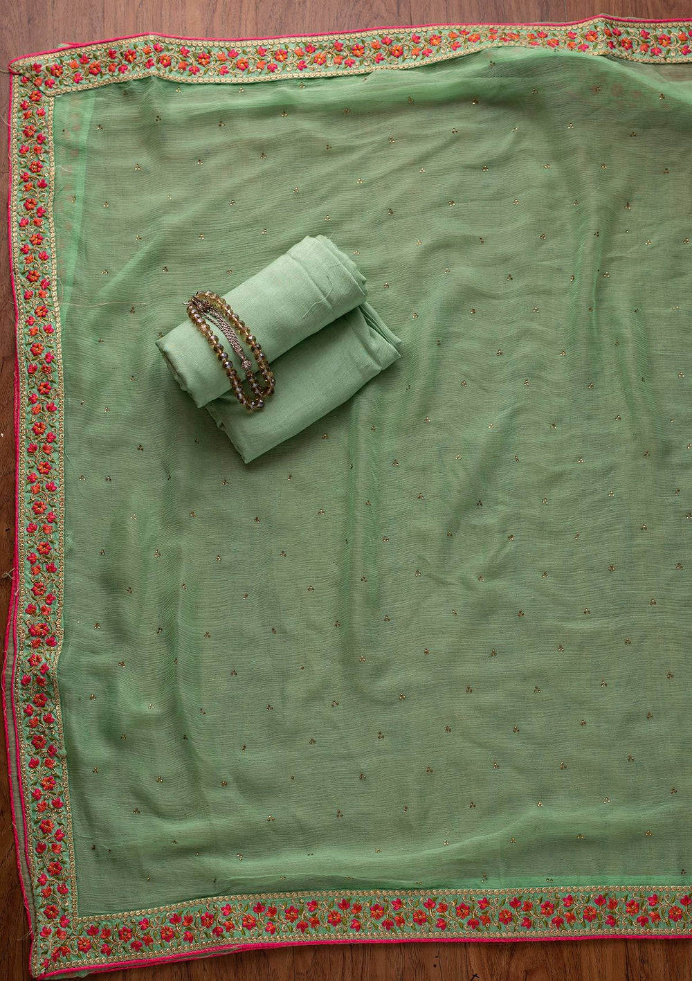 Pista Green Threadwork Semi Crepe Designer Unstitched Salwar Suit - koskii