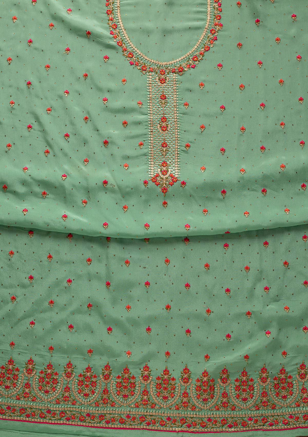 Pista Green Threadwork Semi Crepe Designer Unstitched Salwar Suit - koskii