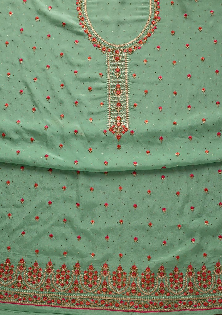 Pista Green Threadwork Semi Crepe Designer Unstitched Salwar Suit - koskii
