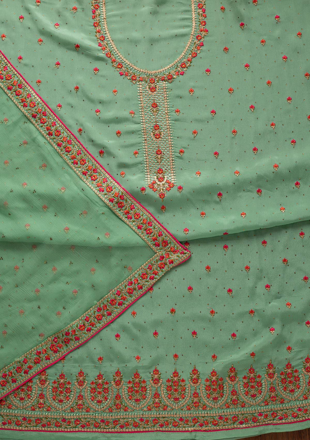 Pista Green Threadwork Semi Crepe Designer Unstitched Salwar Suit - koskii
