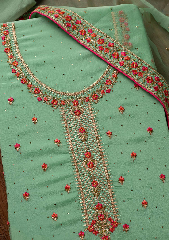 Pista Green Threadwork Semi Crepe Designer Unstitched Salwar Suit - koskii