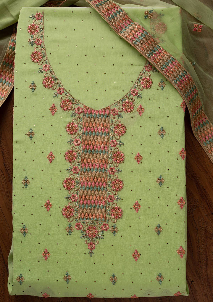 Pista Green Threadwork Semi Crepe Designer Semi-Stitched Salwar Suit - koskii