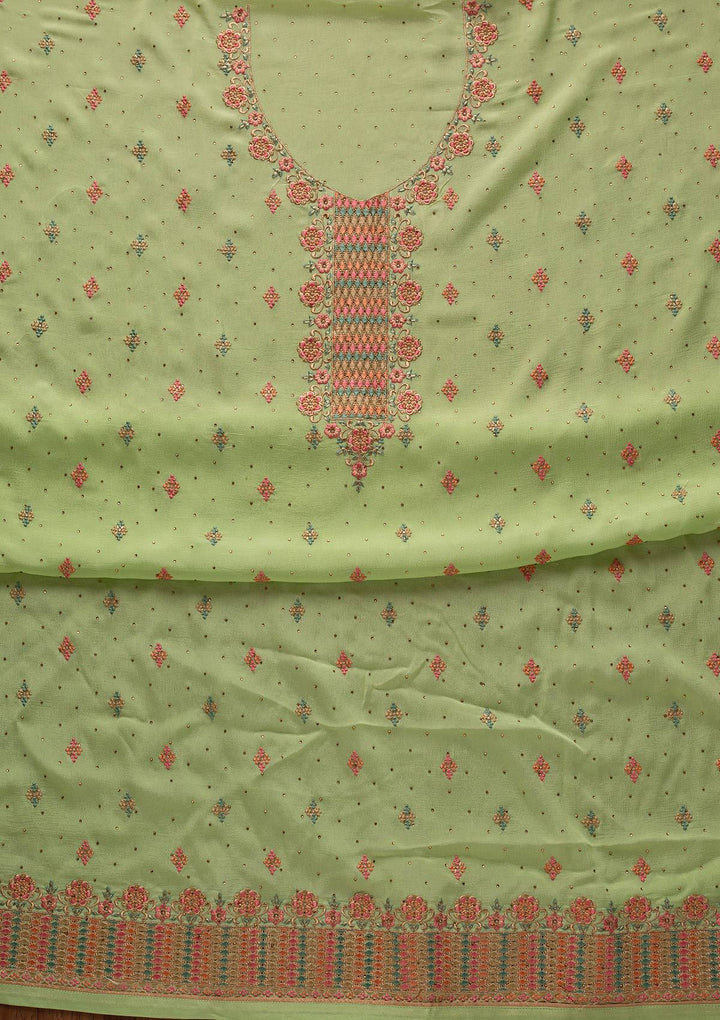 Pista Green Threadwork Semi Crepe Designer Semi-Stitched Salwar Suit - koskii