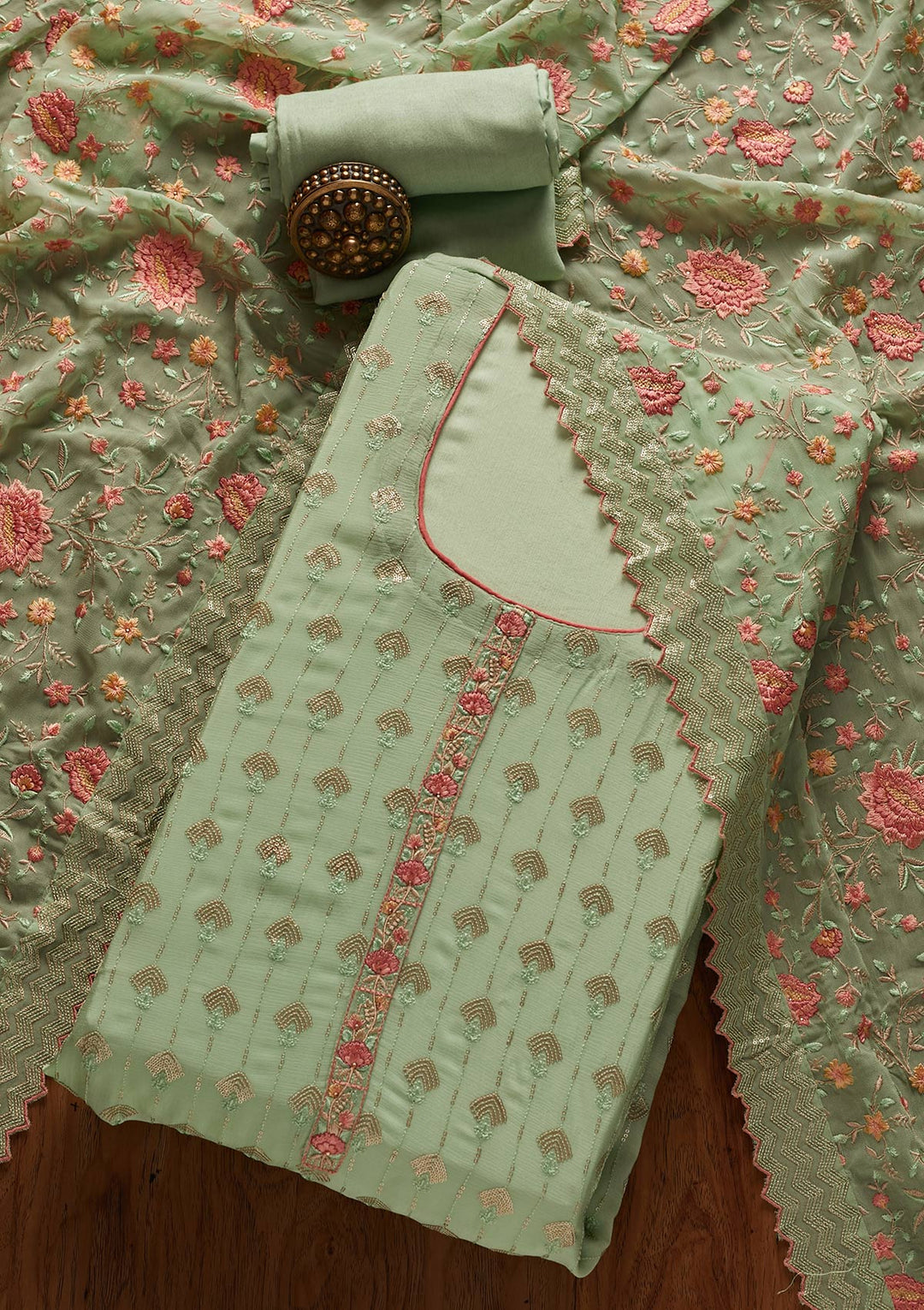 Pista Green Threadwork Semi Crepe Designer Unstitched Salwar Suit - koskii