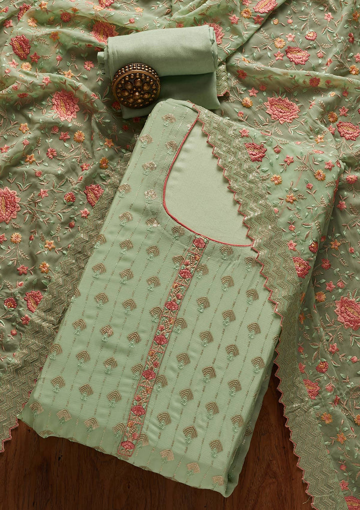 Pista Green Threadwork Semi Crepe Designer Unstitched Salwar Suit - koskii