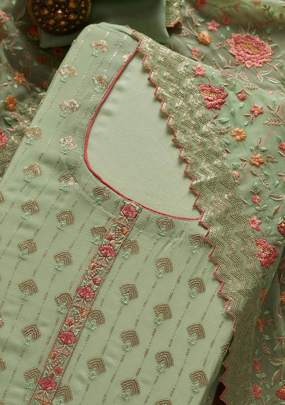 Pista Green Threadwork Semi Crepe Designer Unstitched Salwar Suit - koskii