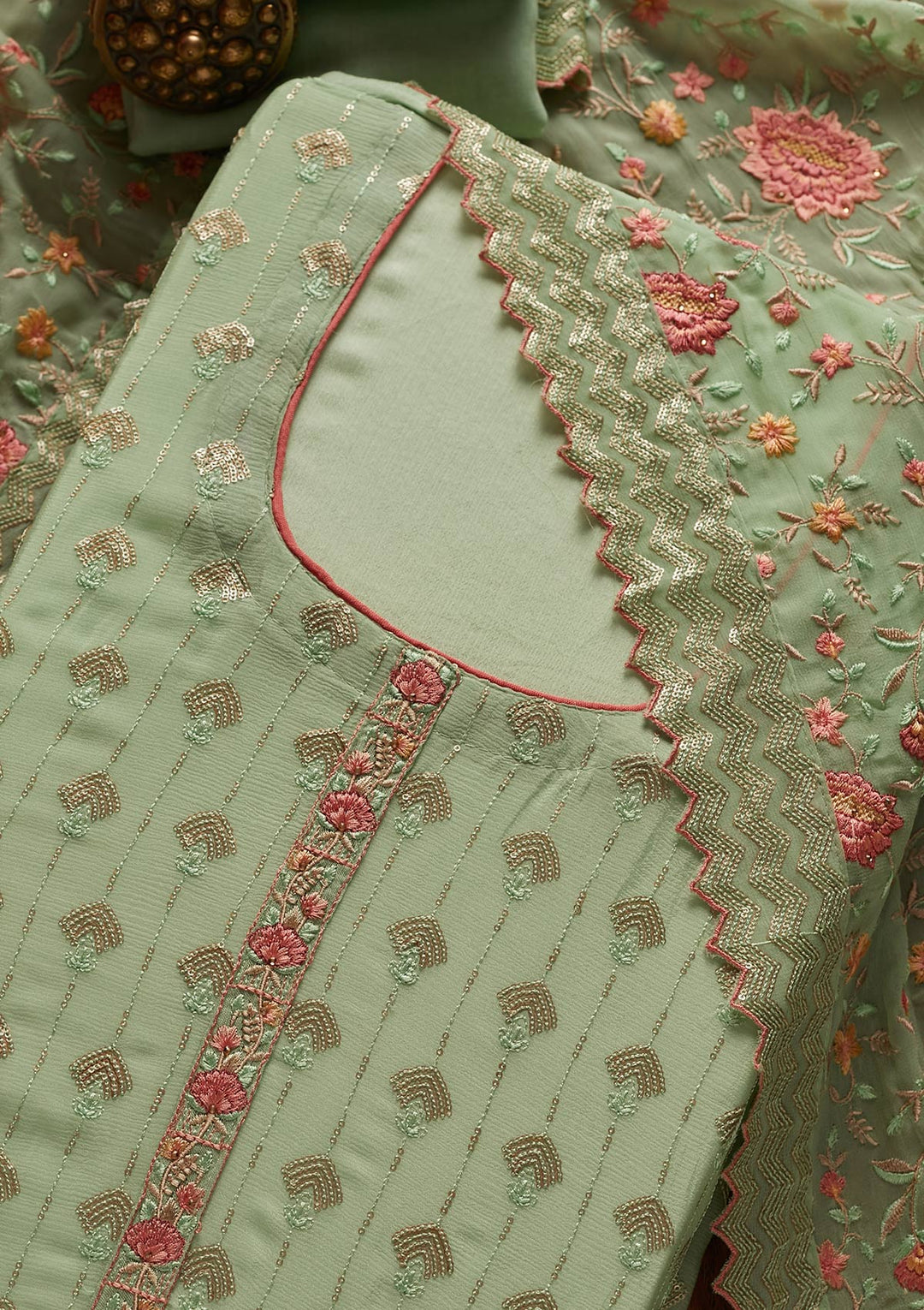 Pista Green Threadwork Semi Crepe Designer Unstitched Salwar Suit - koskii