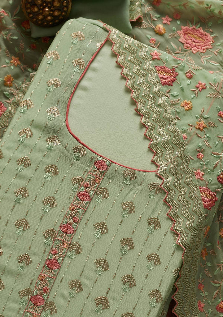 Pista Green Threadwork Semi Crepe Designer Unstitched Salwar Suit - koskii