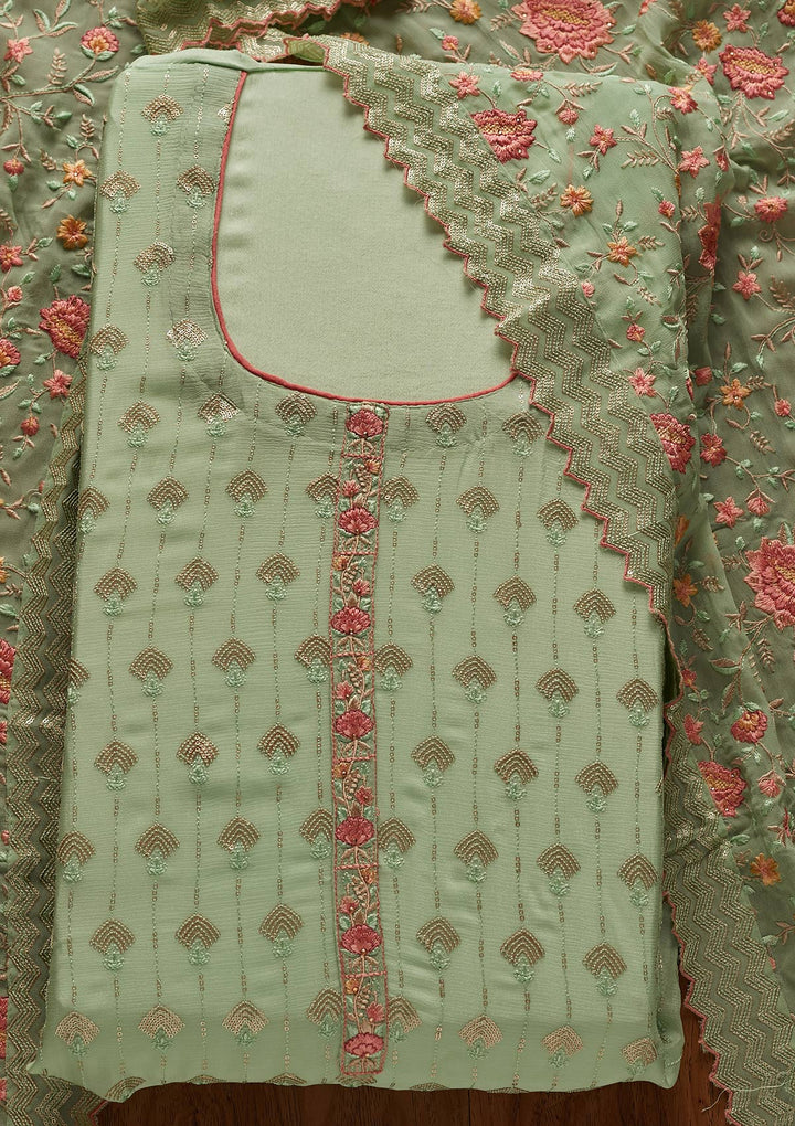 Pista Green Threadwork Semi Crepe Designer Unstitched Salwar Suit - koskii