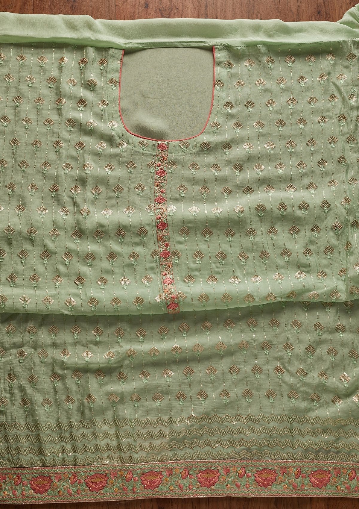 Pista Green Threadwork Semi Crepe Designer Unstitched Salwar Suit - koskii