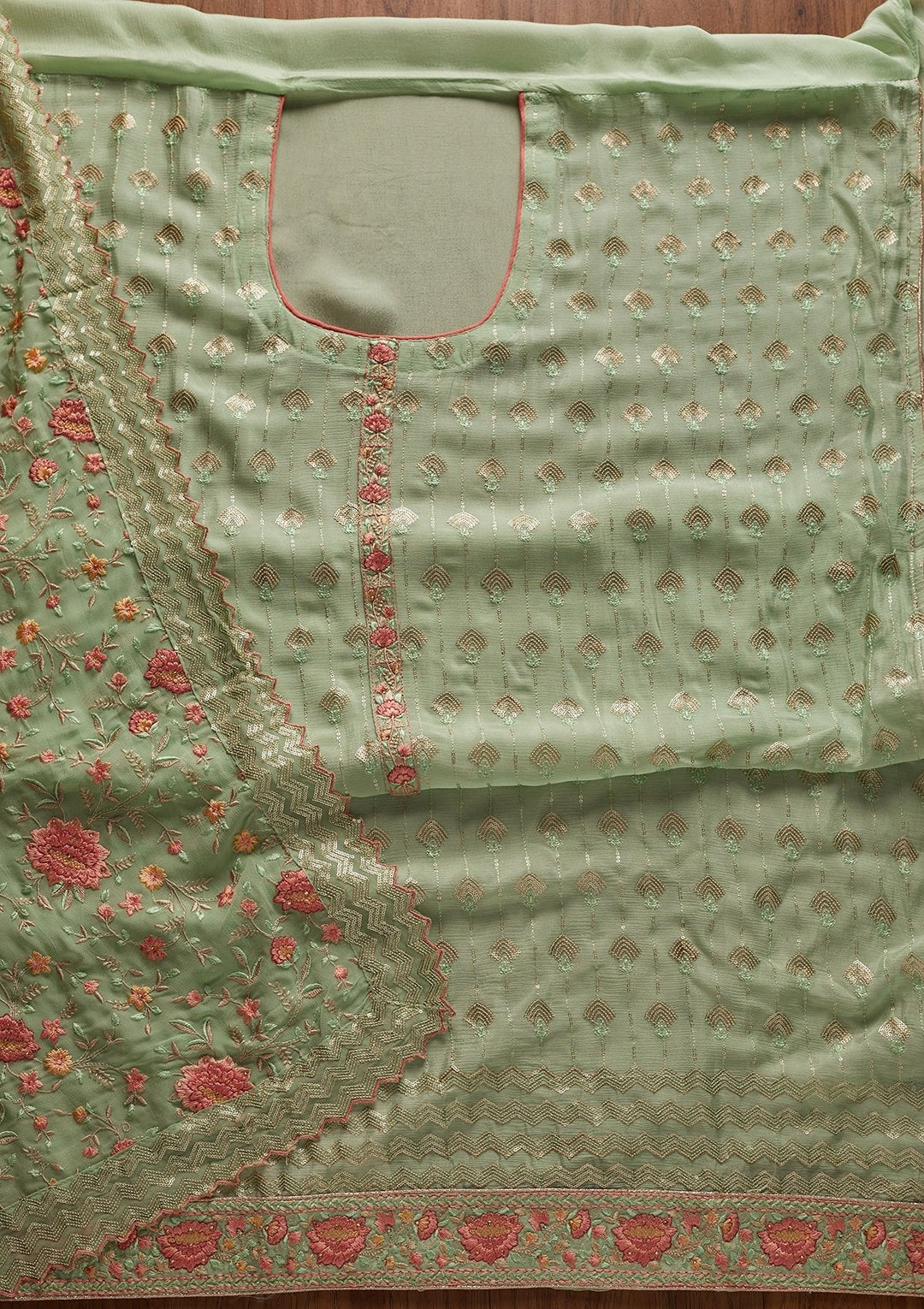 Pista Green Threadwork Semi Crepe Designer Unstitched Salwar Suit - koskii